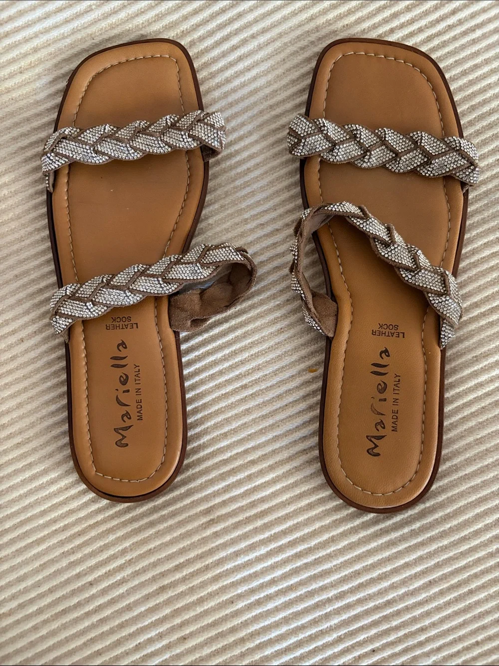Ariella Tan Slide Sandals with Braided Metallic Straps